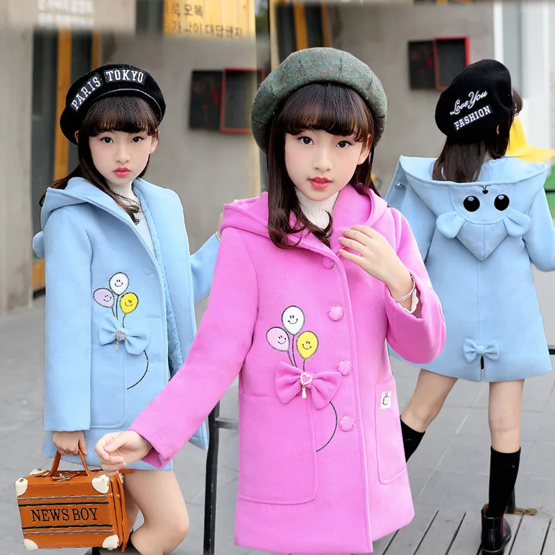 

Girls woolen Coat 2018 New Fashion Hooded Cute Bow Autumn and Winter Thick Children's Woolen Coat Rose Red Light Blue
