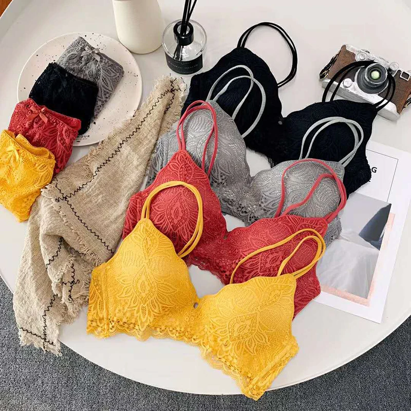 

Sexy Lace Triangle Cup Bra Sets for Women Wireless Thin Cotton Breathable Comfortable Underwear Floal Lace Lingerie Set