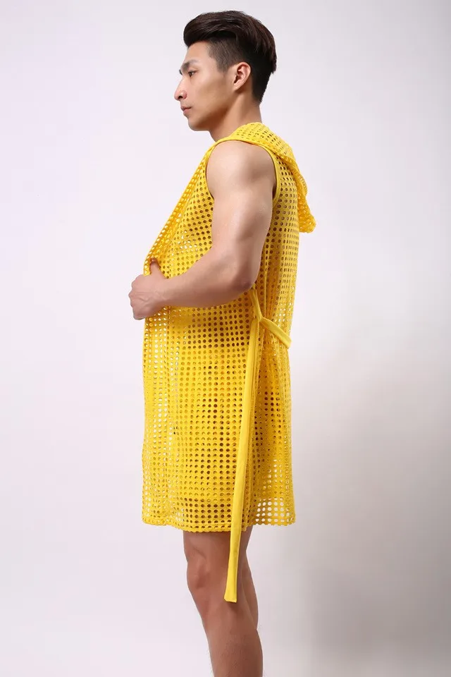 2017 Fashion HOT Men Robes Bathrobe Brand Sexy Fishnet See Inner Men Long Robe Sleepwear Mesh Hoodie Sleep Lounge Size S M L red and black plaid pajama pants