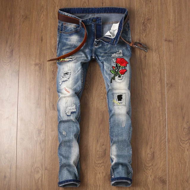 men s biker flower design patches embroidered jeans men casual snake