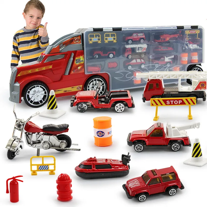 22 in 1 Child Toy Fire Truck Set Diecasts and Toy Vehicles Educational 1:24 Transport Cars Carrier Toy For Children Boys