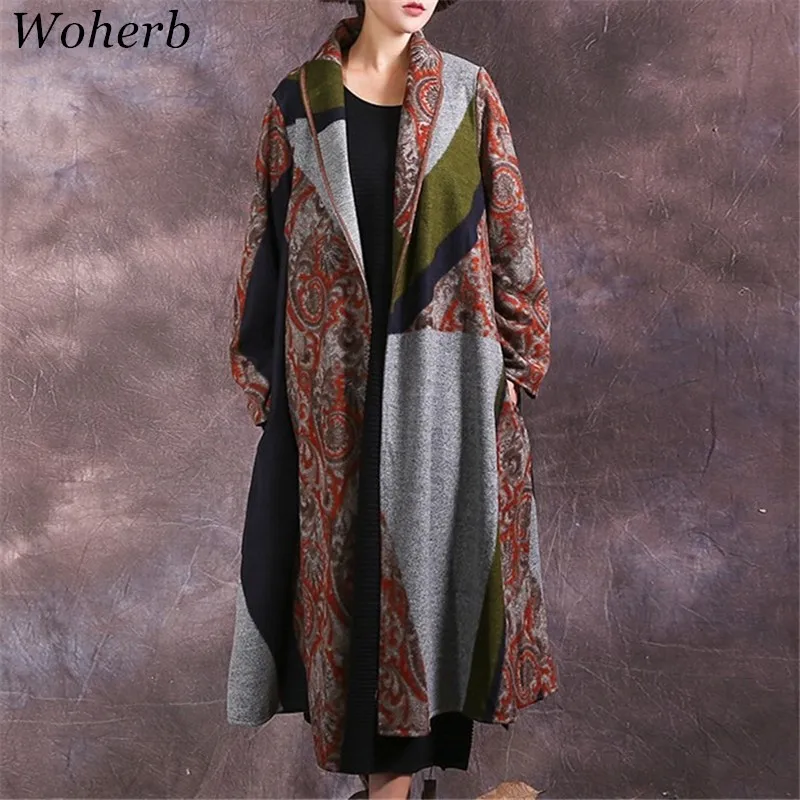 Woherb Ethnic Design Women Woolen Coat Original Fashion Casual Loose