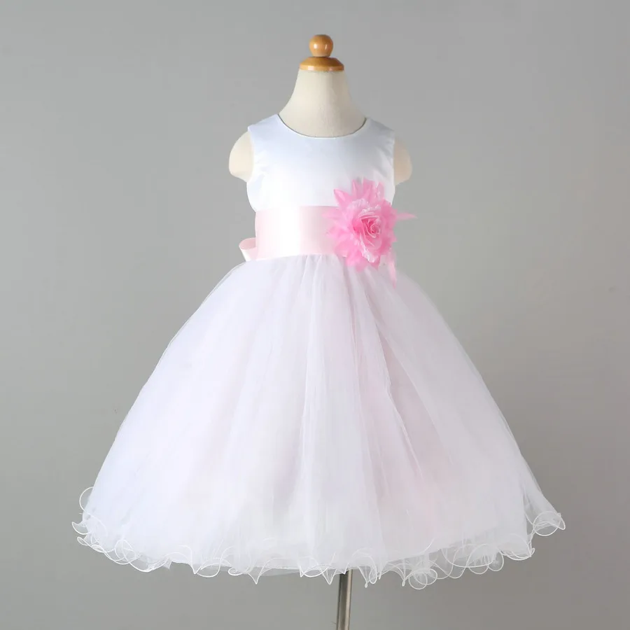 

Kids Fashion Baby Girl Clothers Bride Children Wedding Clothing for Girls Sleeveless Tulle Infant White Dress with Flower Sash