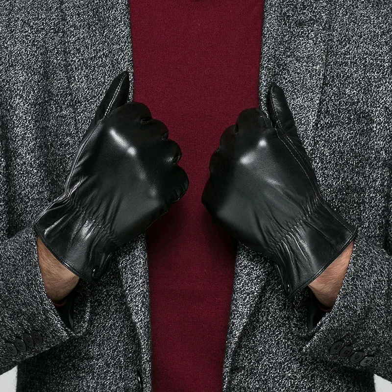 Klss Brand Genuine Leather Men Gloves Warm Velvet Winter High Quality Goatskin Glove Black Business Casual Gentleman 05