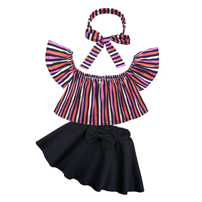 Doz438 Комплекты одежды для девочек Летняя мода в полоску с открытыми плечами футболки+ юбка набор От 2 до 7 лет комплекты детской одежды детский комплект одежды