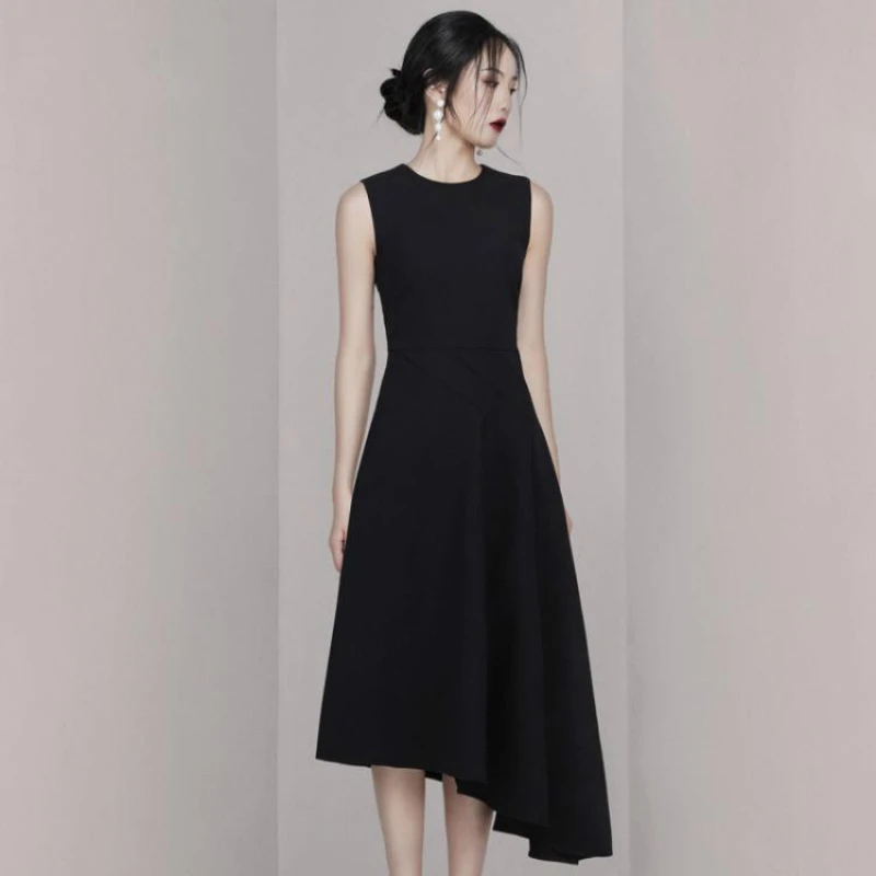 

Newest Summer Irregula Long Dress 2019 Runway Women Sleeveless Black Party Dress Vintage Fashion Slim O Neck Vestidos