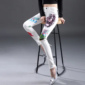 

White Cotton Jeans for Women New Spring Summer Mid Waist Elastic Skinny Pencil Pants Personality Printing Students Denim Pants