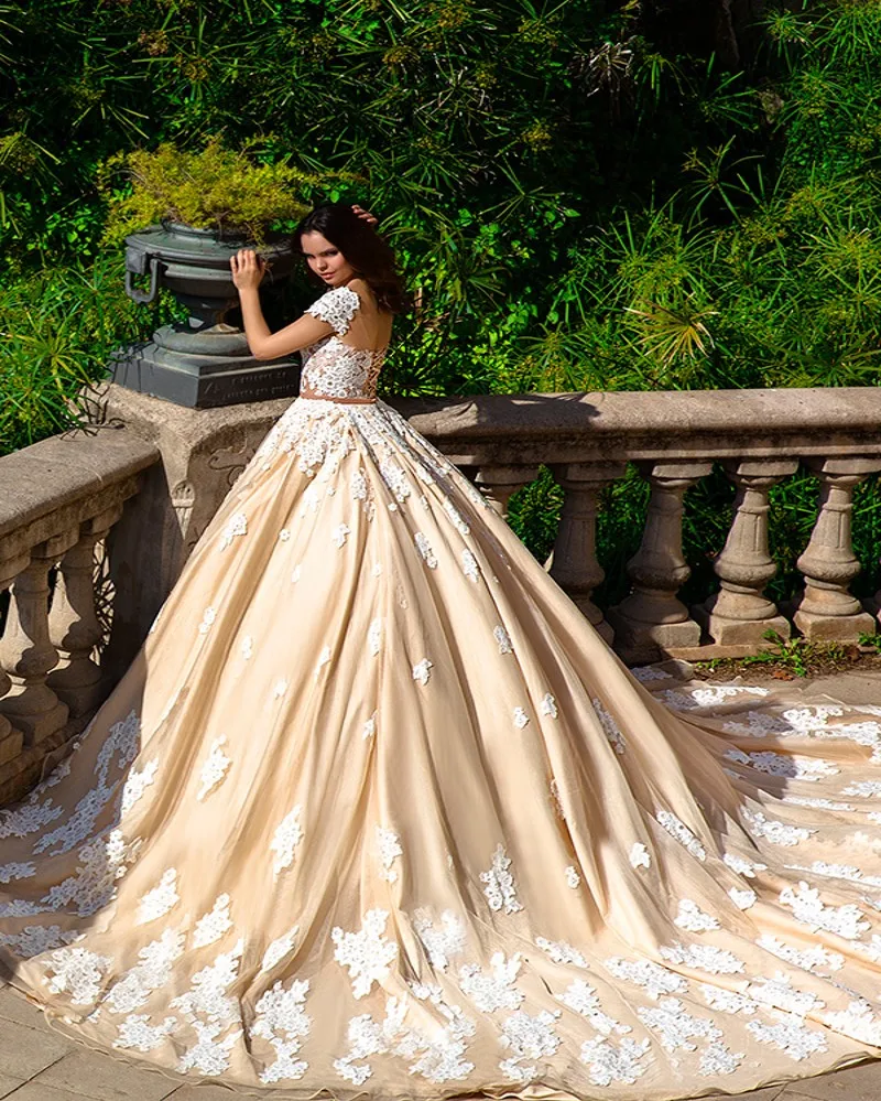 Vintage Champagne Lace Wedding Dress 2016 Sweetheart Neck Short Sleeve