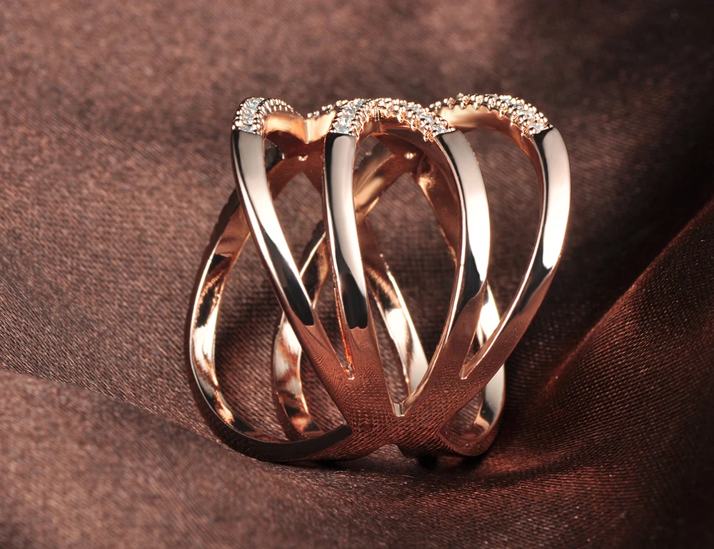 AENINE классические обручальные кольца с сердечками, микро кубический цирконий, двойное X кольцо из розового золота/серебро, роскошные ювелирные изделия для женщин R17134