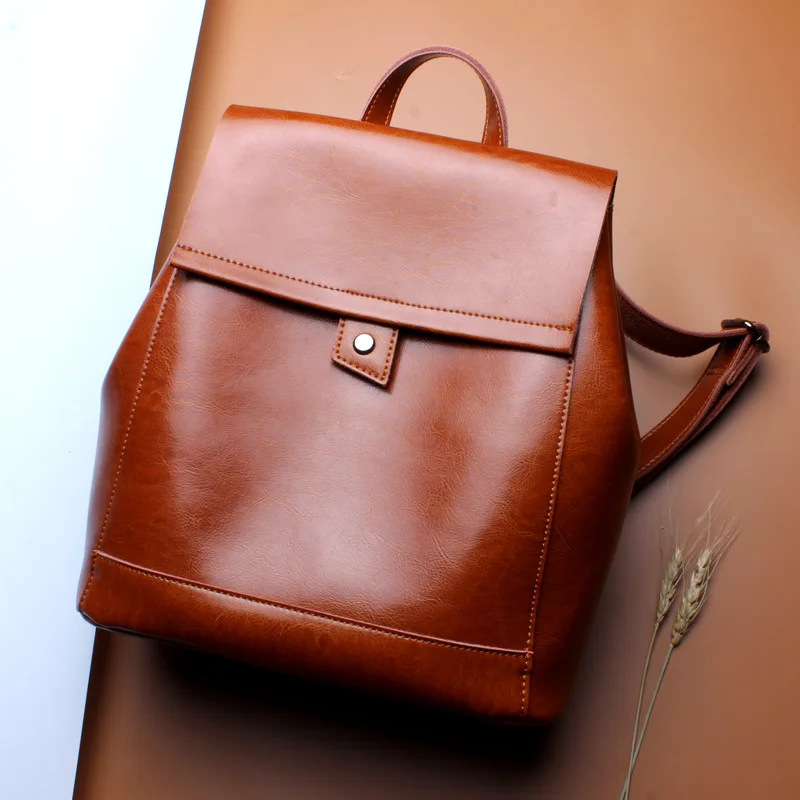 

New Women Backpack 100% Genuine Leather Female Double Shoulder Bag Oil Wax Cowhide Vintange Backpack Women
