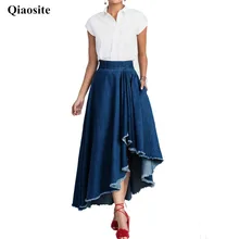 Модные джинсовые Асимметричные женские юбки, весна-осень, эластичные, высокая талия, длина по щиколотку, одноцветные, качественные юбки