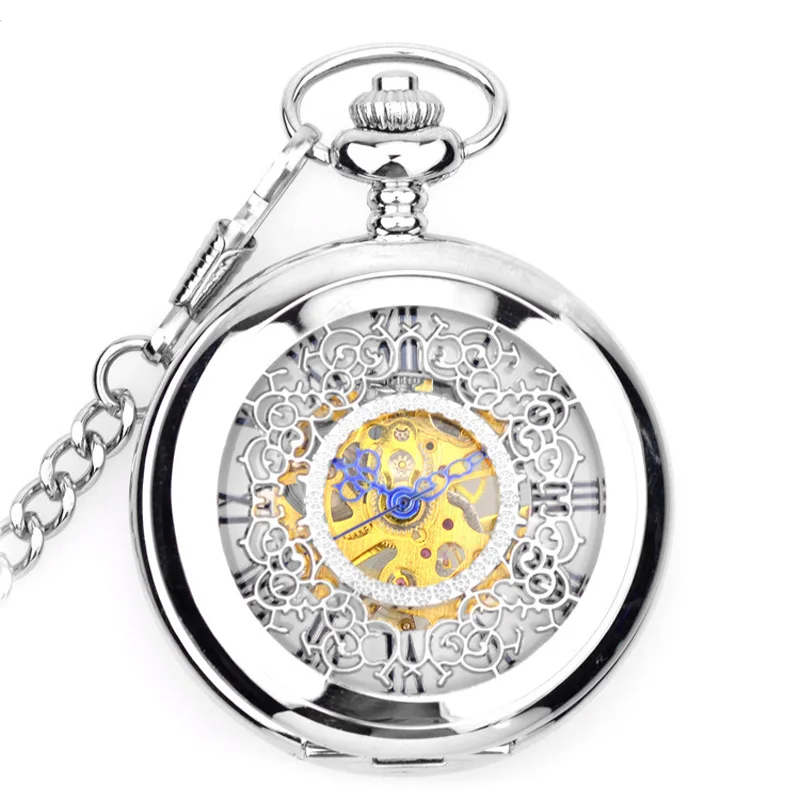 WOONUN Brand Retro Skeleton White Dial Silver Case Roman Numeral Analog Jewelry Clock Chain Men Mechanical Pocket Watch Gift | Наручные
