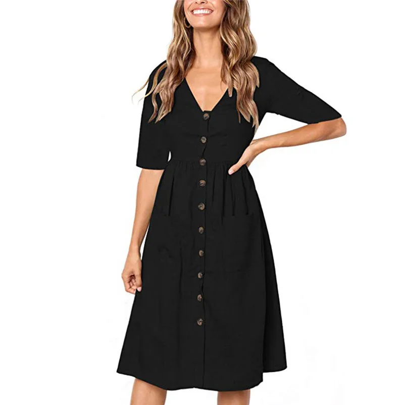 Fashion Autumn summer dress 2018 casual dress Women Holiday V Neck Solid Half Sleeve Buttons Club Party Dress vestido Y26#N (10)