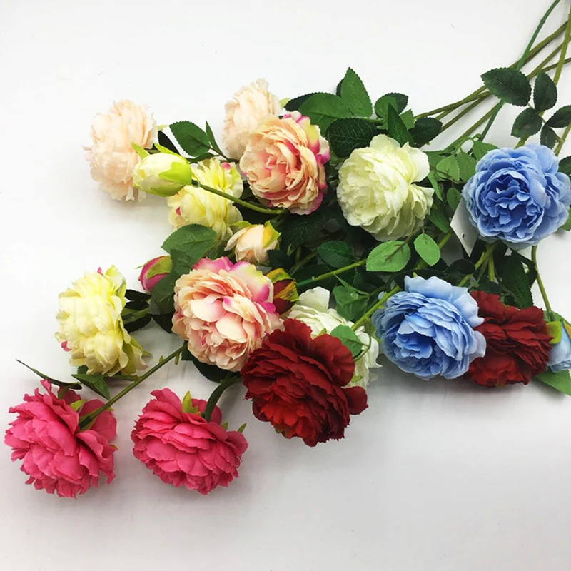 

65cm 3 Heads Rose Artificial Flowers White Peonies Silk Flowers Red Pink Blue Fake Flower Wedding Decor for Home Peony Bouquet
