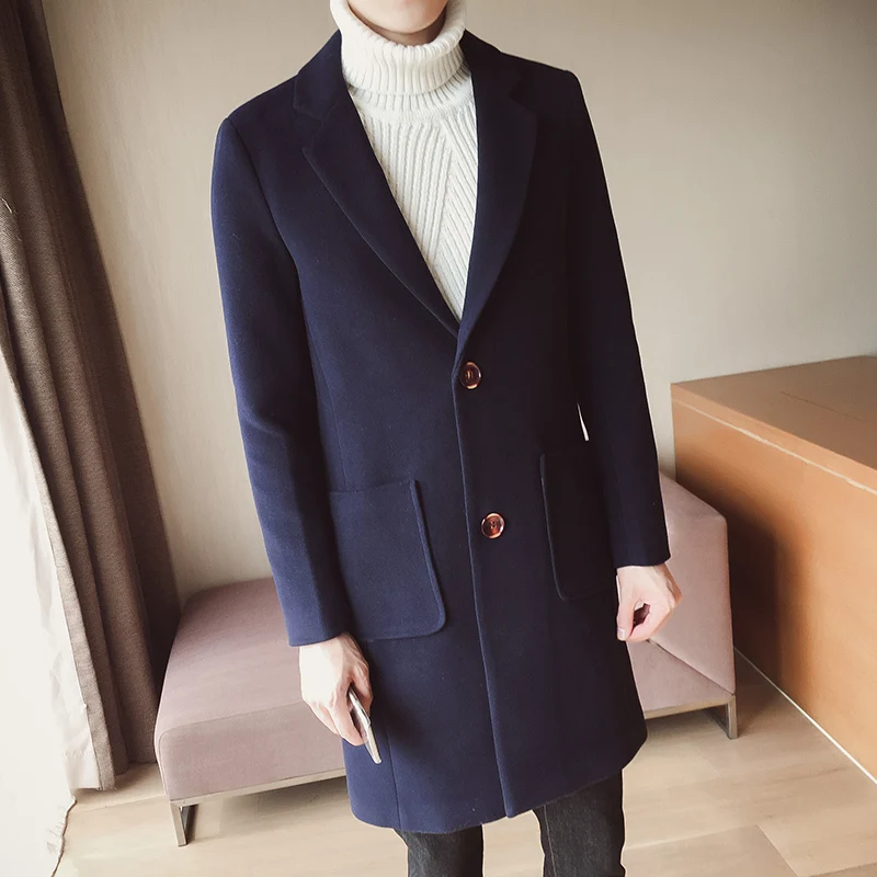 Новинка, зимнее повседневное Мужское пальто, шерстяное пальто, мужские длинные шерстяные пальто для отдыха, мужские однотонные повседневные модные куртки - Цвет: Navy blue