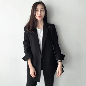 

Fashion commuter temperament small suit black loose slim elegant long sleeve wild two buckle long section business attire female