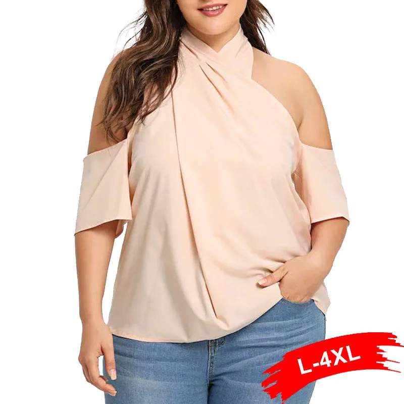 

Women Plus Size Halter Neck Criss Cross Front Cold Shoulder Blouse 3Xl 4Xl Keyhole Back Short Sleeve Club Wear Sweet Pink Shirts