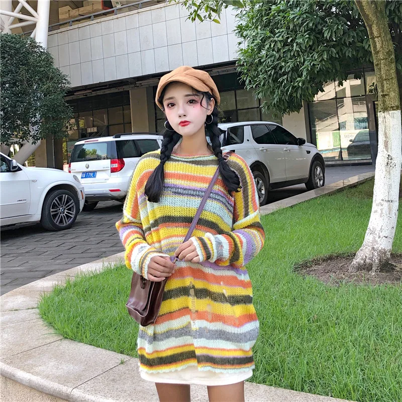 2018 Autumn ulzzang thin section New striped rainbow loose knit top Korean pop Harajuku casual pullover Hole women sweater 2018 Autumn ulzzang thin section New striped rainbow loose knit top Korean pop Harajuku casual pullover Hole women sweater