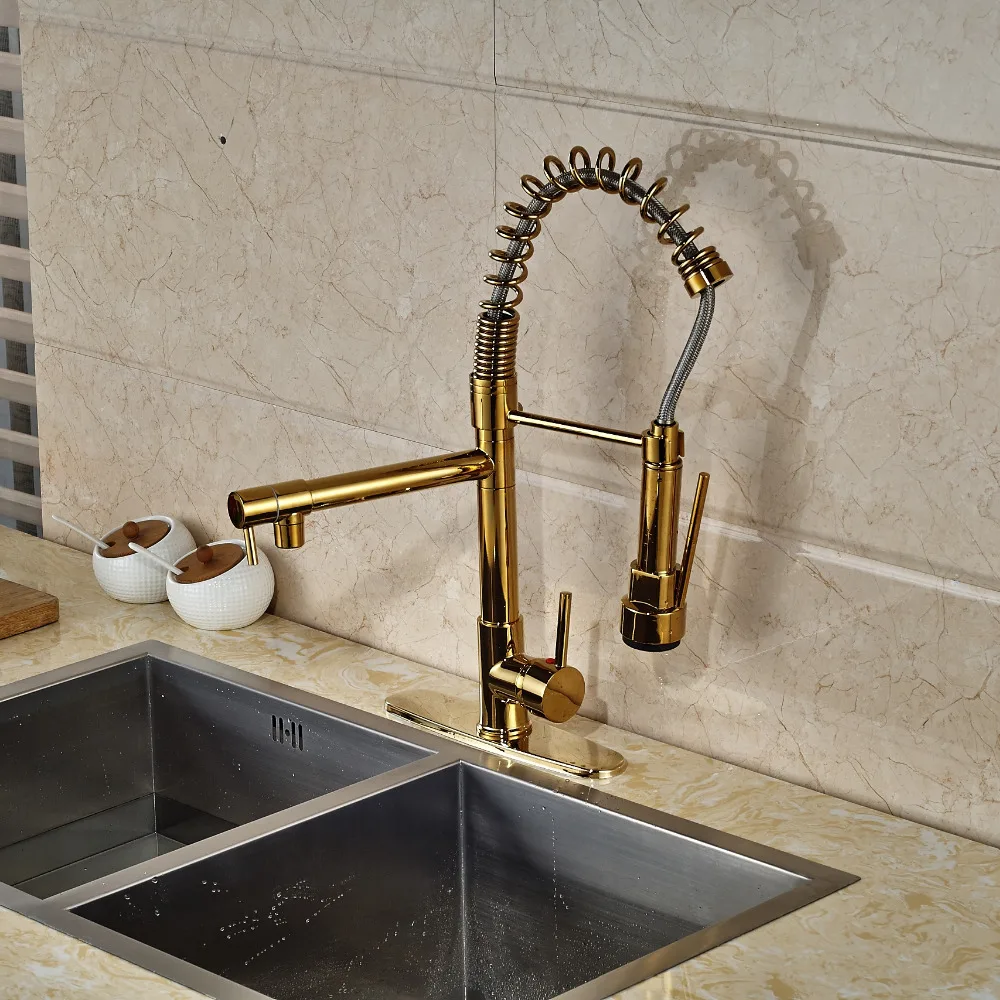 Modern PVD Gold Finish Kitchen Faucet Dual Spouts Spring Sink Modern PVD Gold Finish Kitchen Faucet Dual Spouts Spring Sink