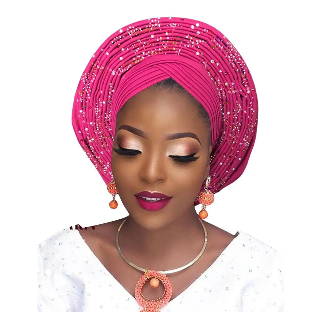 Дешевый Африканский головной убор нигерийский Авто геле головной убор женский тюрбан свадебный головной убор - Цвет: rose red