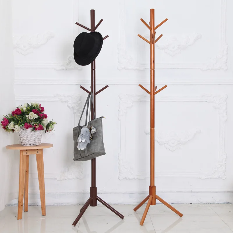 

Solid wood floor coat rack Assembly can be removed Triangle Base standing clothes shelves hanger home storage organizer