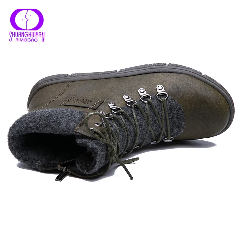 AIMEIGAO/кожаные мотоботы на шнуровке; женские зимние плюшевые ботильоны; женская теплая обувь; зимние сапоги на низком каблуке на молнии; размеры 36-41