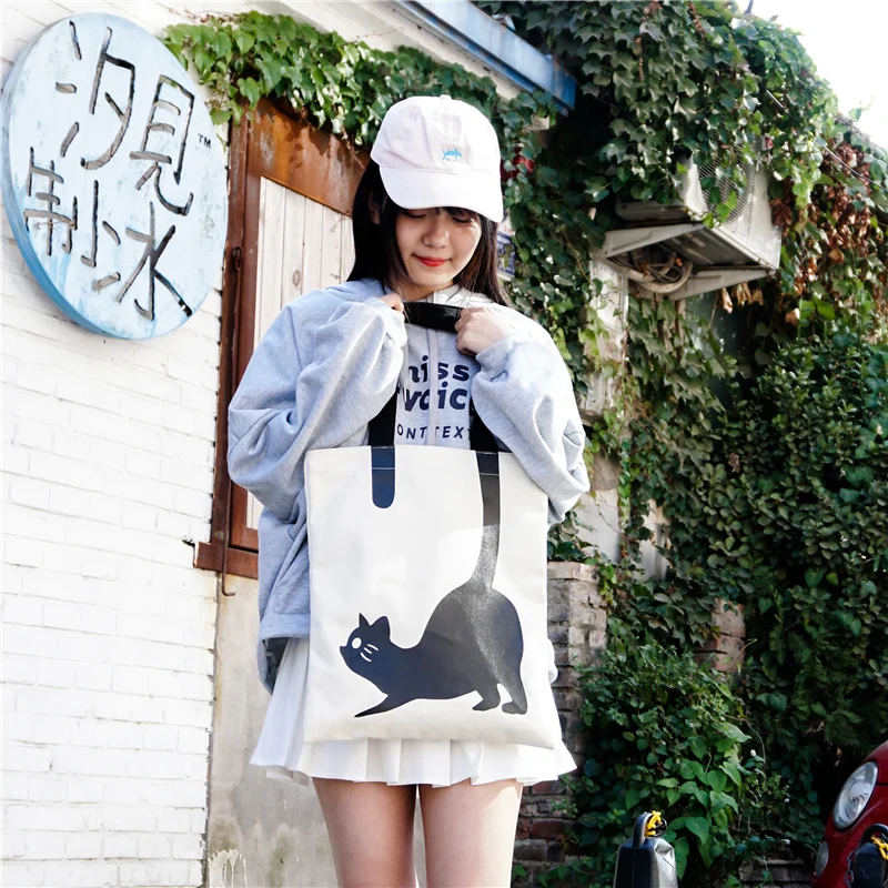 JANESPRI Fashion Women Canvas Handbag Girls Cute Cat Printed Travel Shoulder Bags Causal Lady Handbags Female Shoulder Tote BagsDSC06654