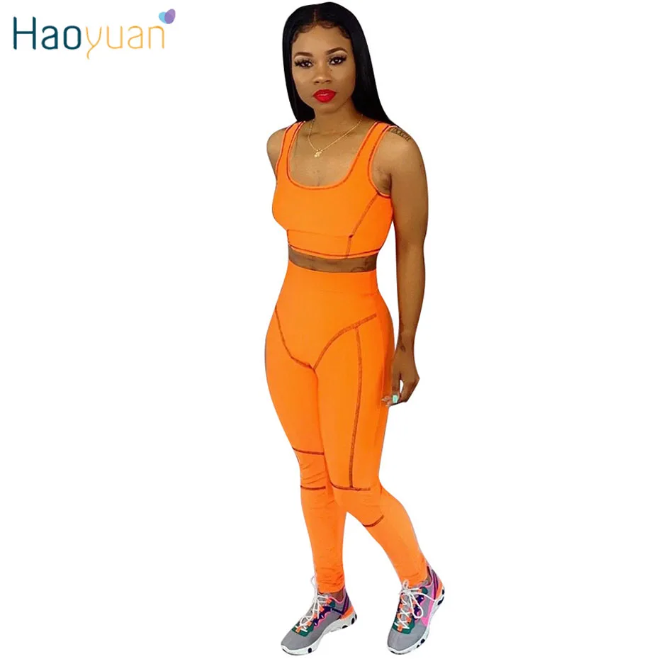 

HAOYUAN Neon Green Sexy Two Piece Tracksuits Summer Outfits Crop Top and Pant Sweatsuits Matching Sets 2 Piece Outfits for Women