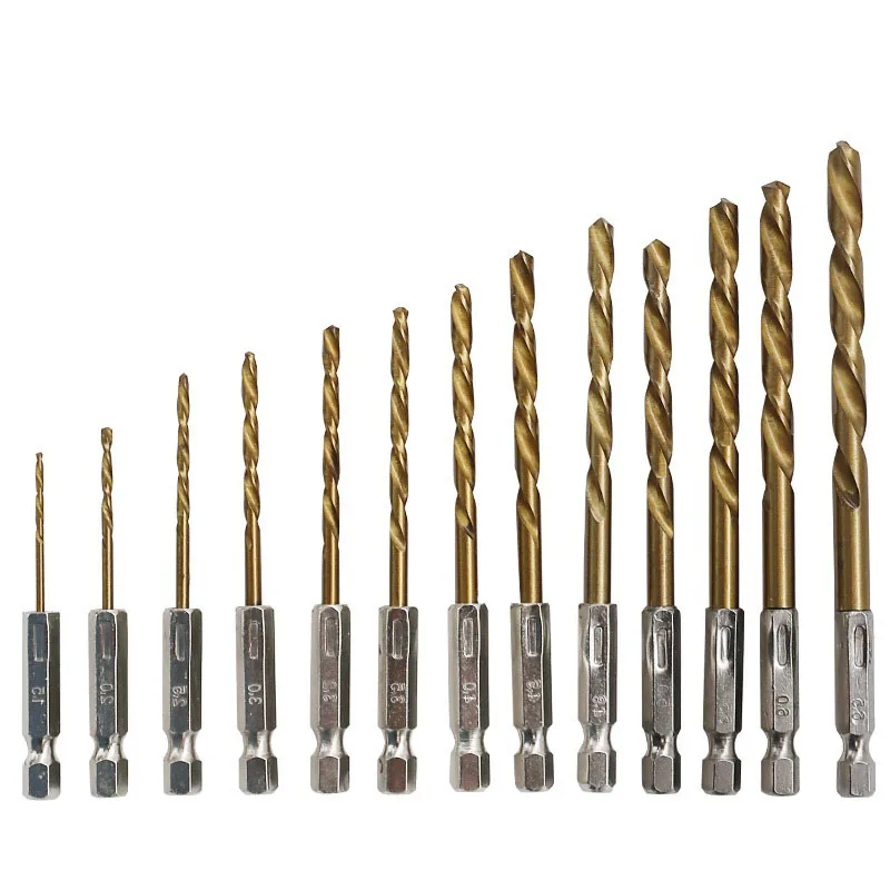 

13pcs/lot HSS High Speed Steel Titanium Coated Drill Bit Set 1/4 Hex Shank 1.5-6.5mm Twist Drill Woodworking Metal Tools Set