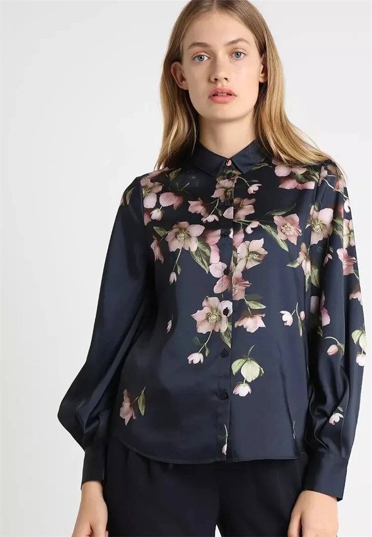 

Women Shirt 2019 New Retro Printed Pleated Lantern Sleeve Shirt