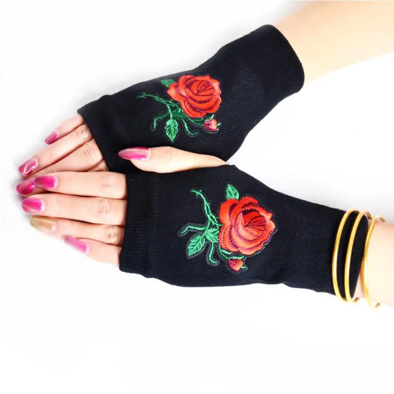 1 пара унисекс износостойкие вязаные перчатки женские противоскользящие цветок заклепки из горного хрусталя теплые, без пальцев зимние перчатки#1016 - Цвет: Leaves rose