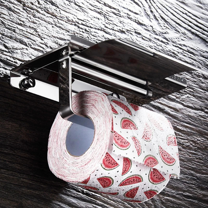 Paper Towel Holder Stainless Steel Toilet Paper Holder with Shelf Phone Storage Wall Mount Creative Bathroom Roll