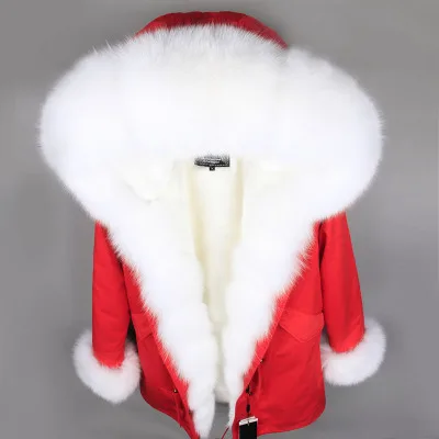 Зимнее серебряное пальто, куртка для женщин, верхняя одежда, толстые парки, натуральный мех чернобурки, воротник серый, натуральный мех, пальто с капюшоном pelliccia - Цвет: red with fur