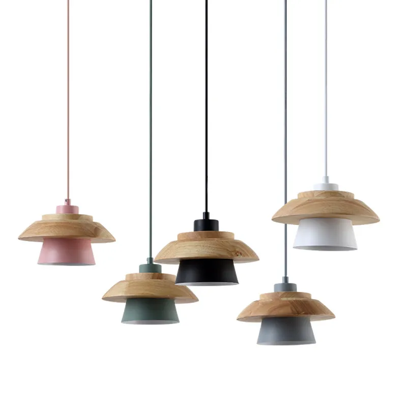 

Simple Solid Wood Pendant Lamp Aluminum Lampshade Single Head Suspended lamp Dining Bar Nordic Macaron Droplight lights fixture