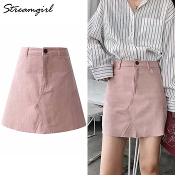 

Streamgirl Pink Corduroy Skirt Women Black High Waist A Line Mini Skirt School Skirts Womens Corduroy Short Saia Summer 2019