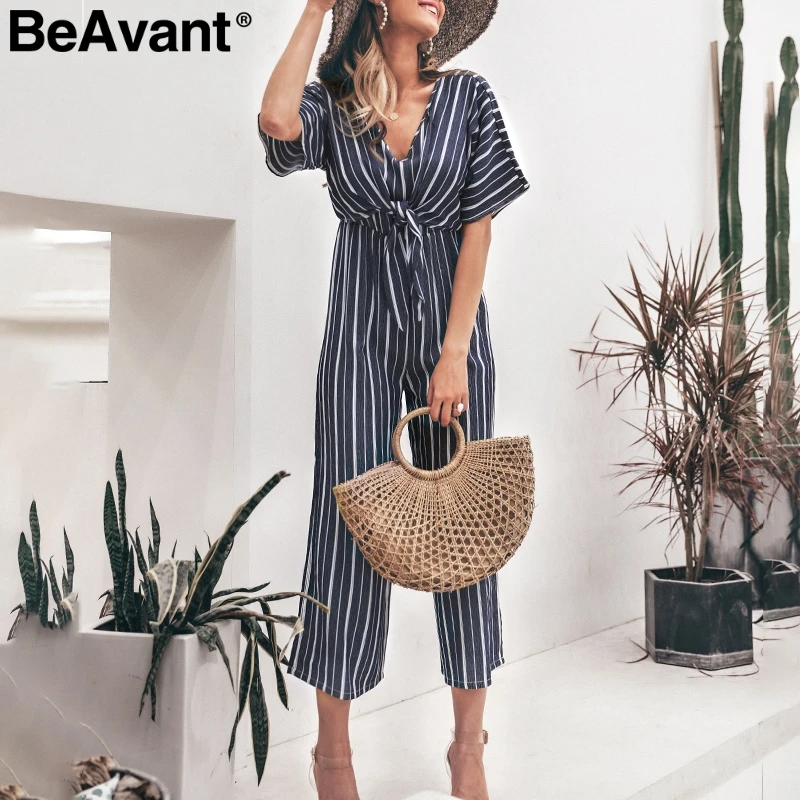 

BeAvant Casual striped long summer jumpsuit women High waist sash office ladies rompers overall Holiday beach wide leg playsuit