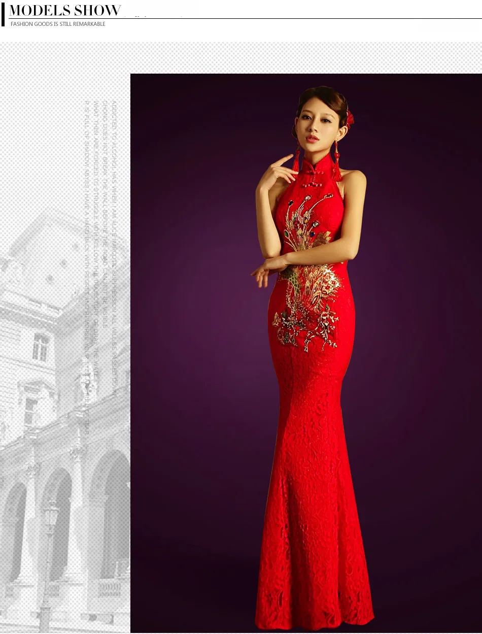 Красный Кружево Феникс Вышивка Cheongsam невесты спинки Qipao свадебное платье Сексуальная Китайский Платья для женщин Для женщин традиционный