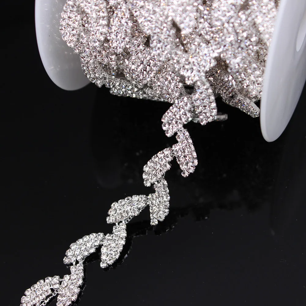

1Yard Silver Crystal Wedding Dress Belt Bridal Cup Chain Trim Leaf shape Rhinestone Trim Sew on Garments DIY Dress