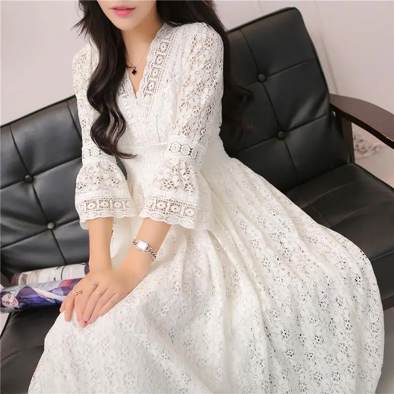 

Spring Summer Casual Elegant Lace Dress Women's Maxi Ankle Length Party Festival Lace Dress Prom Gown Female Vestidos Dress Z113