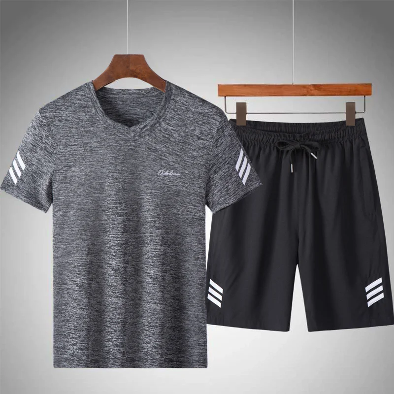 Grey A21 Летний спортивный костюм, мужские комплекты, футболка+ шорты, мужской спортивный костюм, Повседневная быстросохнущая спортивная одежда, брендовый мужской модный комплект из 2 предметов - Цвет: Grey A21