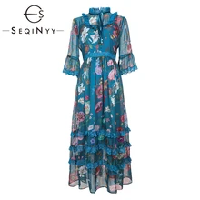 SEQINYY платье миди летнее Новое модное дизайнерское свободное ТРАПЕЦИЕВИДНОЕ повседневное синее шифоновое платье с расклешенными рукавами и цветочным принтом