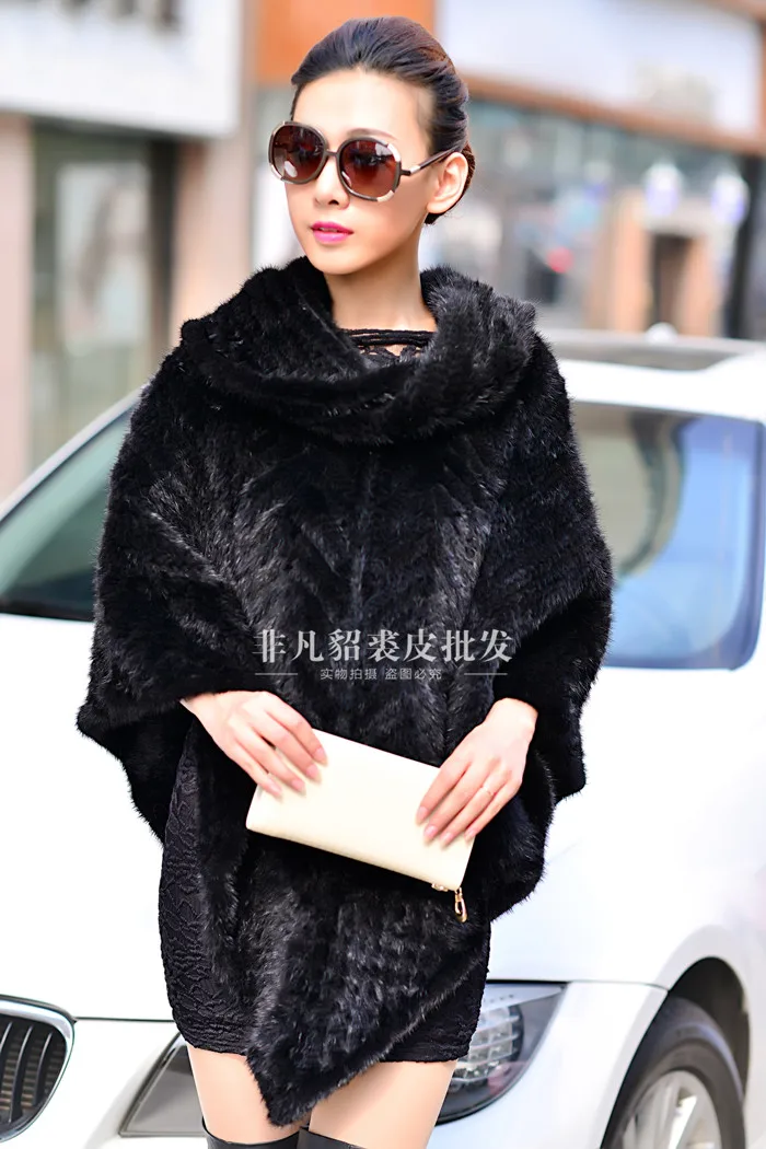 Женская накидка из натурального меха норки, утолщенный вязаный пуловер, шуба Куницы, Норковое Пальто, меховая шаль - Цвет: black