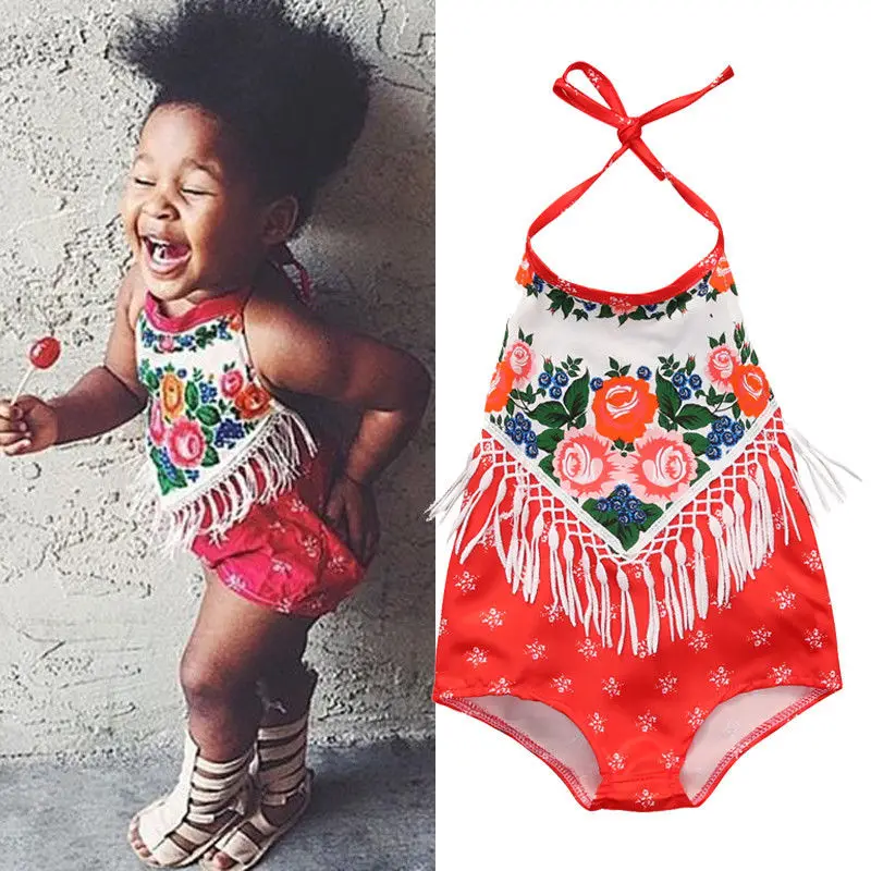 Baby Red Rose Floral Bodysuits Newborn Girls Tassel Halter Bodysuit Toddler Infant Girl Jumpsuit