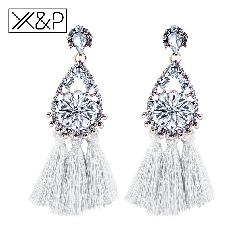 X&P Vintage Geometric Cubic Zirconia Long Tassel Drop Earrings for Women Decorations Fashion Bohemian Ethnic Color Big Earring