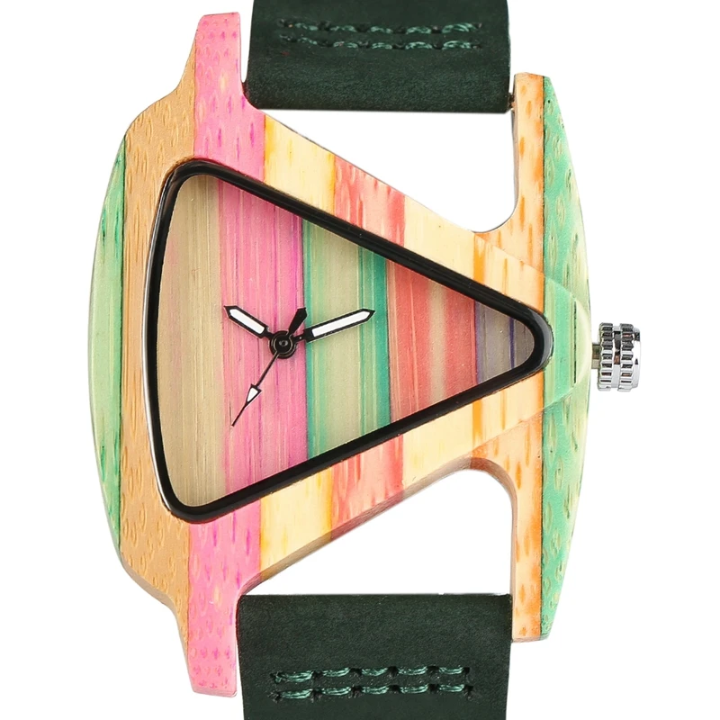 Unique Colorful Wood Watch Creative Triangle Shape Dial Hour Clock Women Quartz Leather Bracelet Watch