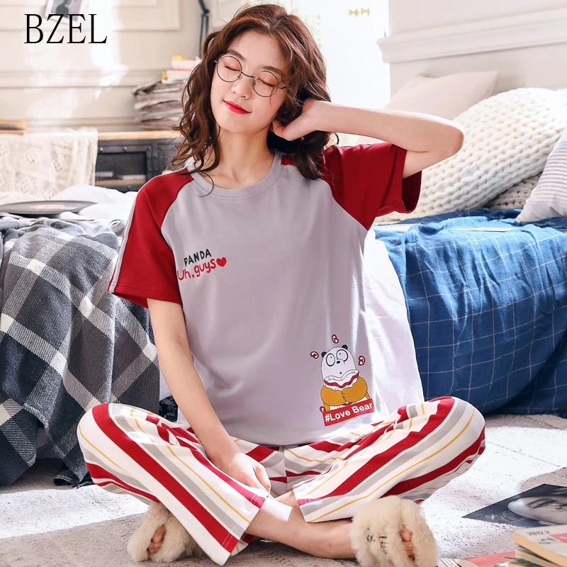 

BZEL New Summer Cute Cartoon Pajamas Sets Women M-2XL Nightgown Comfortable Ladies Sleepwear Cotton Home Wear Leisure Cloth 2PCS