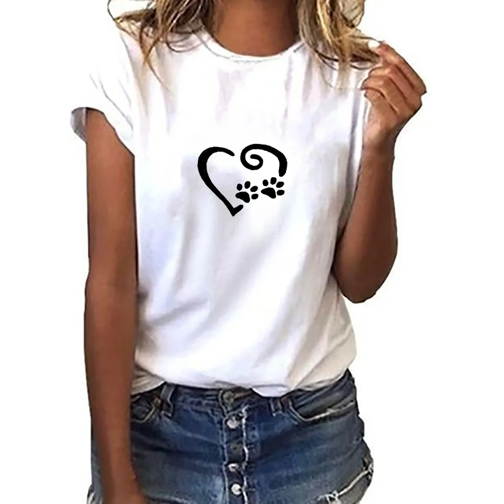 

CHAMSGEND Shirt Cute Cat Claw with Heart Print T-Shirt Women Loose Short-Sleeved Tees Summer O Neck Tee Casual Girl Tops 6DEC.31