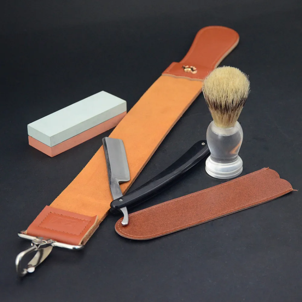 Men Gold Dollar 66 Straight Razor Leather Strap Grit Whetstone Bristle Best Brush set