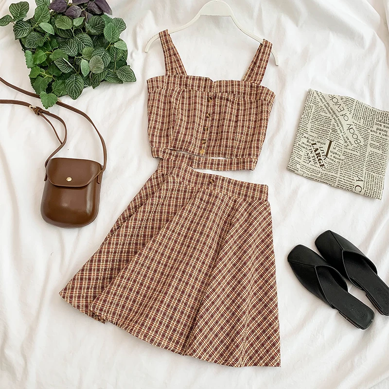 

2019 new fashion women's two piece setPlaid suit tube top strapless halter short camis top+ skirt two-piece skirt
