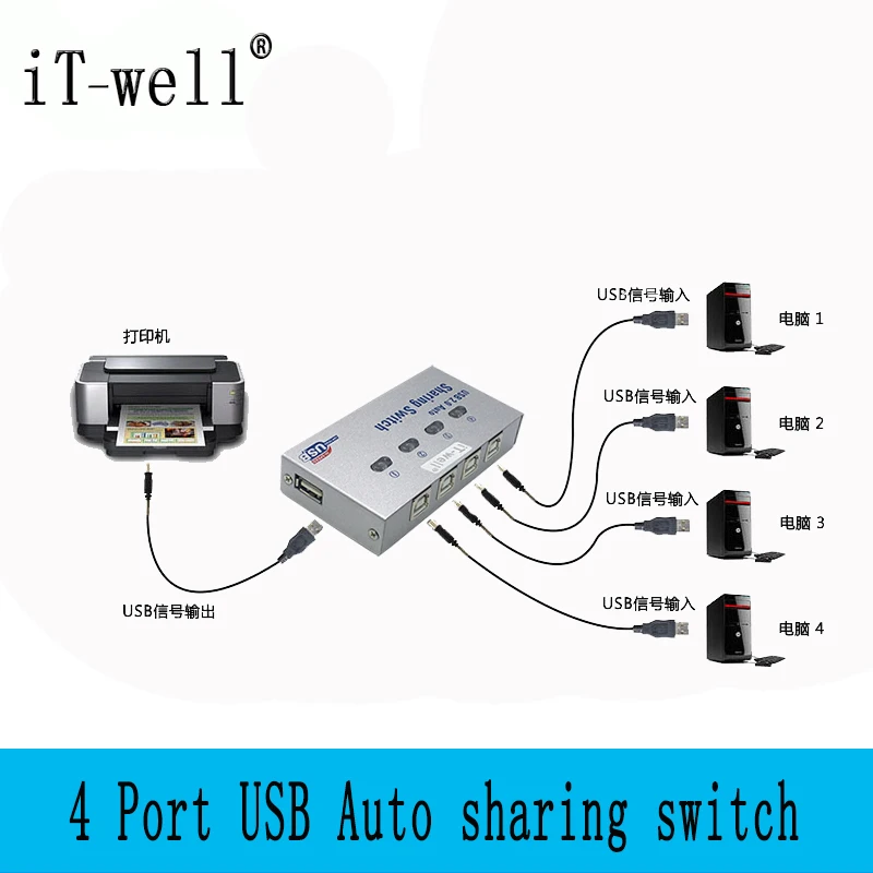 IT well USB KVM Авто переключатель 4 порта сплиттер для компьютера ПК Печать